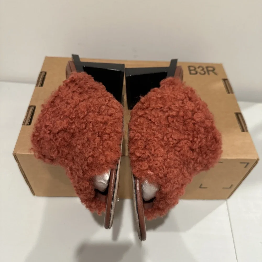 Tory Birch Size 10M Block T Heel Mule Kaku Shearling Sandal 80mm Smoked Paprika